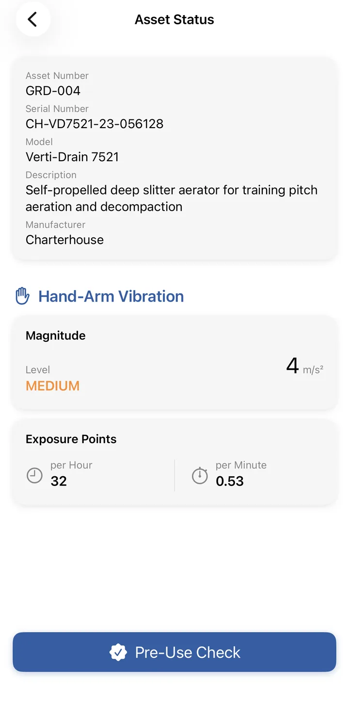 Asset status with a check due: the only action offered is Pre-Use Check, gating the tool